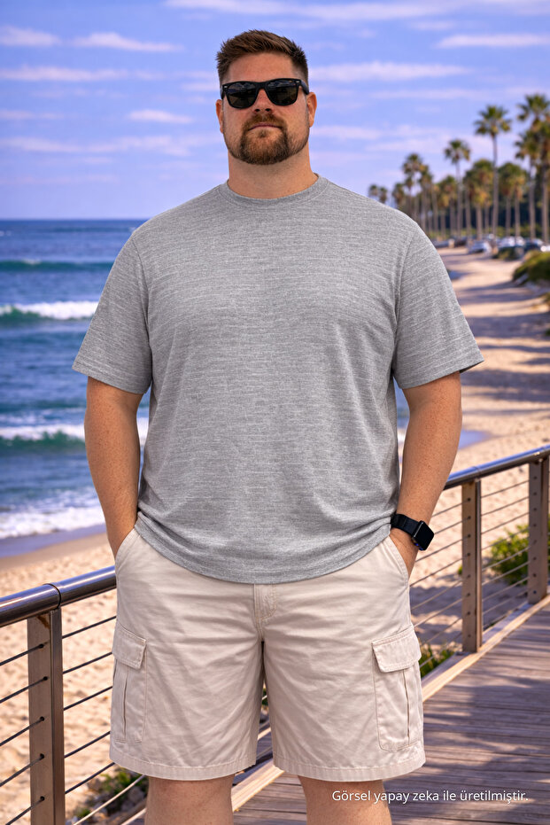 Men's Large Size Summer Trend Gray Textured Linen T-Shirt