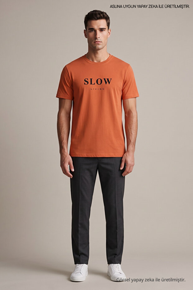 Orange Men's Slow Living Printed Crew Neck Loose Fit T-Shirt