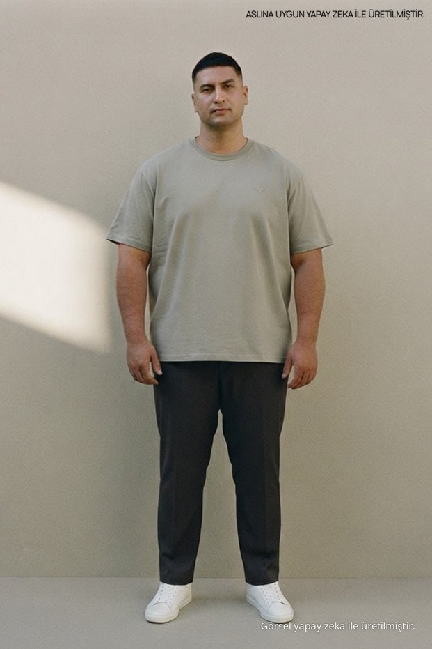 Beige Plus Size Men's Basic Crew Neck T-Shirt