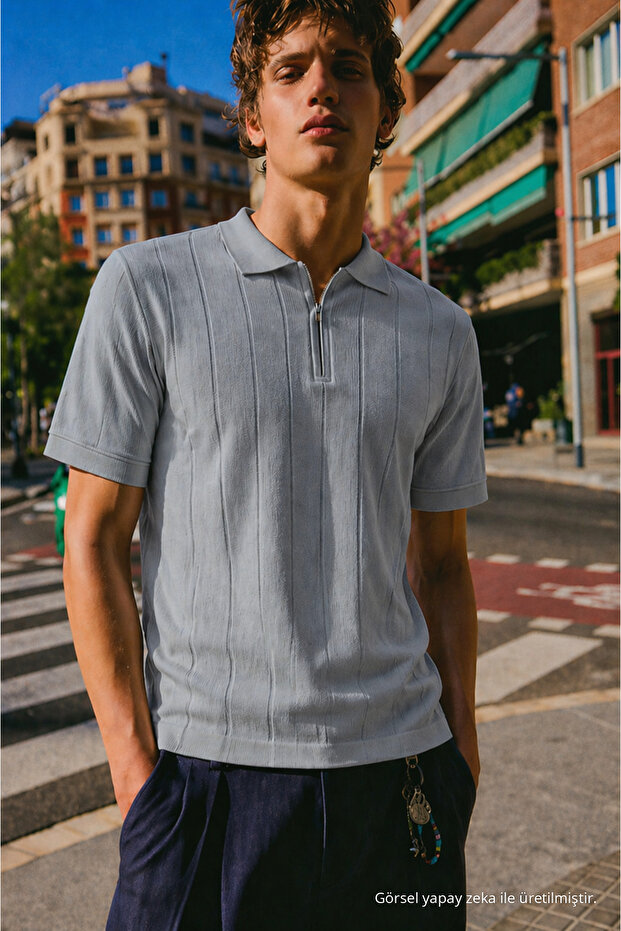 Men's Striped Zippered Trendy Gray Polo Collar t Shirt
