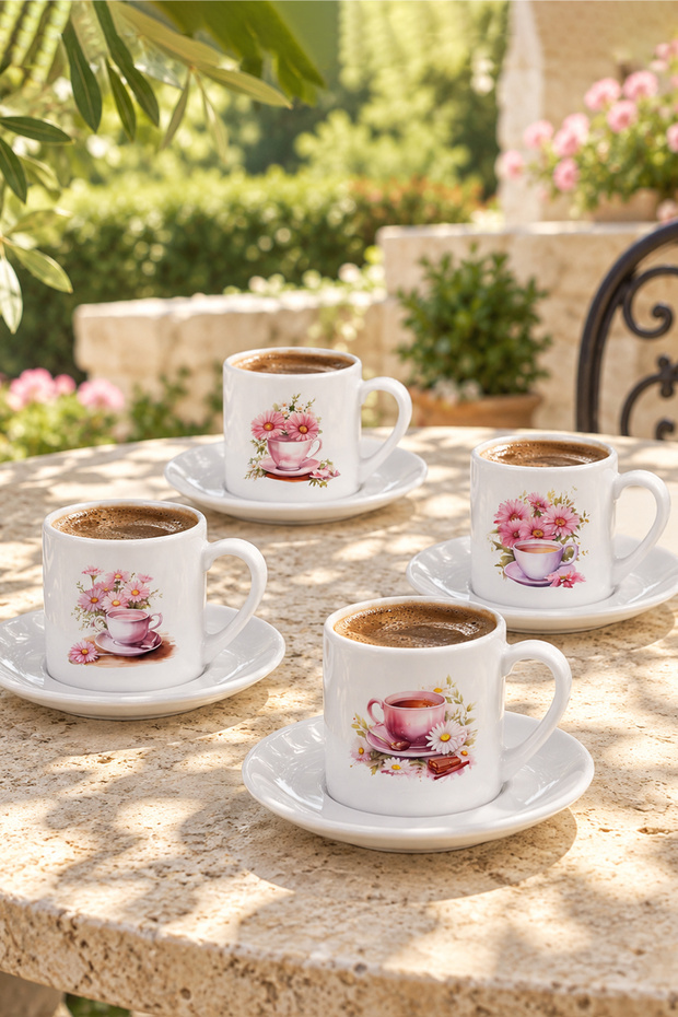 Pink Floral Tea Printed 4/6-Piece White Porcelain Turkish Coffee Cup Set