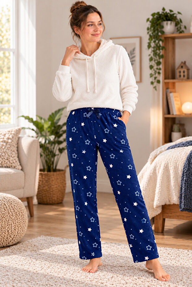 Women's Navy Blue Starry Fleece Pocket Winter Thick Quality Pajama Bottoms