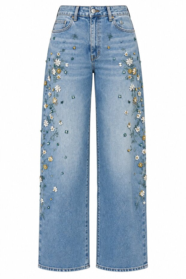 Blue Jeans with Stone Embroidery on the Front - 9084