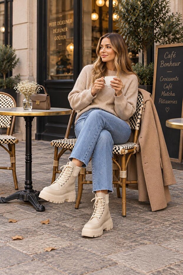 Norivina Beige Women's New Season Flat Lace-Up Elastic Daily Comfortable Fit Boots
