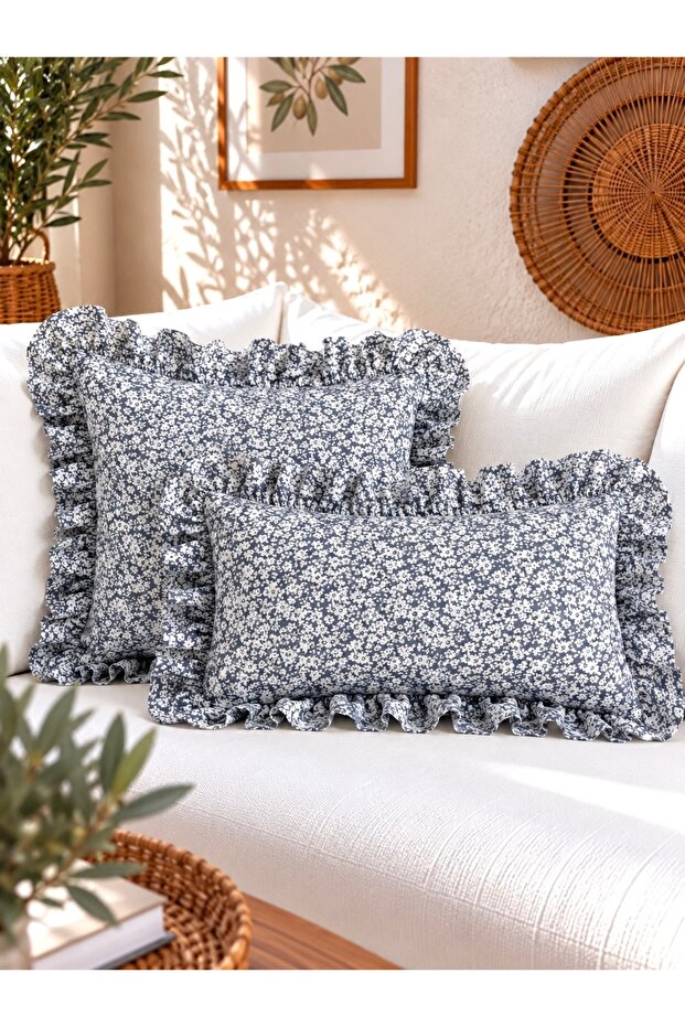 Cotton Fabric Lavender Blue Mini Floral Ruffle Throw Pillow Cover 1 Pc