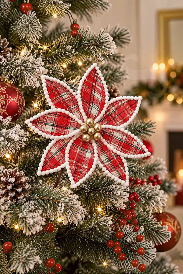Christmas Pine Tree Ornament Ponsetia Flower Large Red White Edged