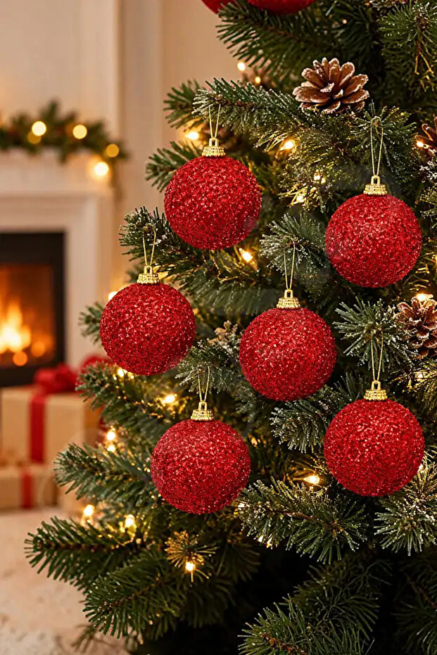 Christmas Pine Tree Ornament Shiny Red Glittery Cici Ball 7cm Set of 6