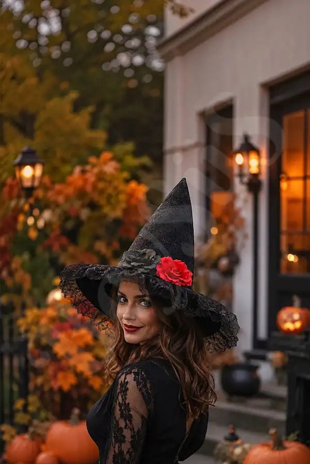 Halloween Red Black Rose Witch Hat
