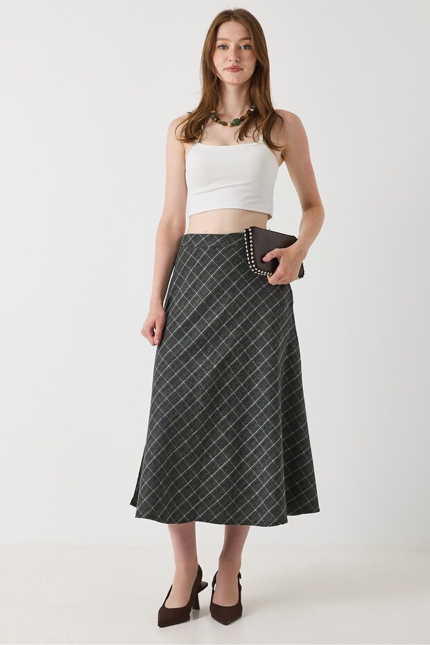Khaki Cotton Blend Fabric Side Zipper Pocket Plaid Patterned Bell Shape Skirt