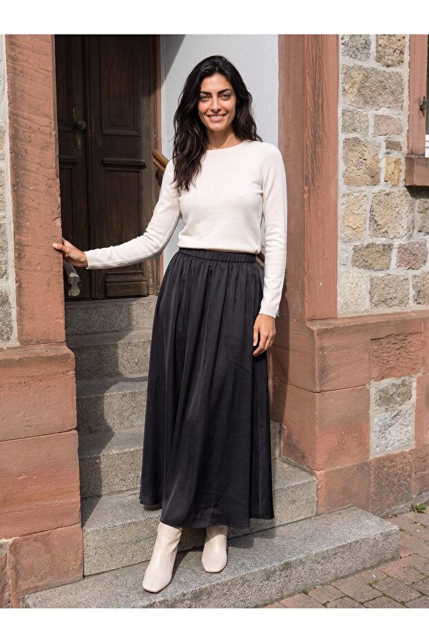 Black Shiny Satin Fabric Flexible Elastic Waist Comfortable Cut Flared Form Long Flowing Skirt