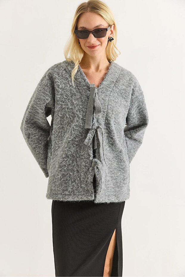 Gray Cashmere Fabric V-Neck Off-Shoulder Relaxed Fit Front Tie Detail Long Sleeve Jacket