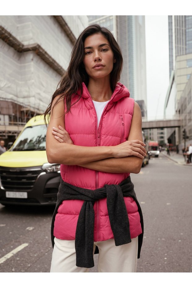 Pink Polyester Fabric Hooded Quilted Long Puffer Vest with Zipper and Pocket Detail