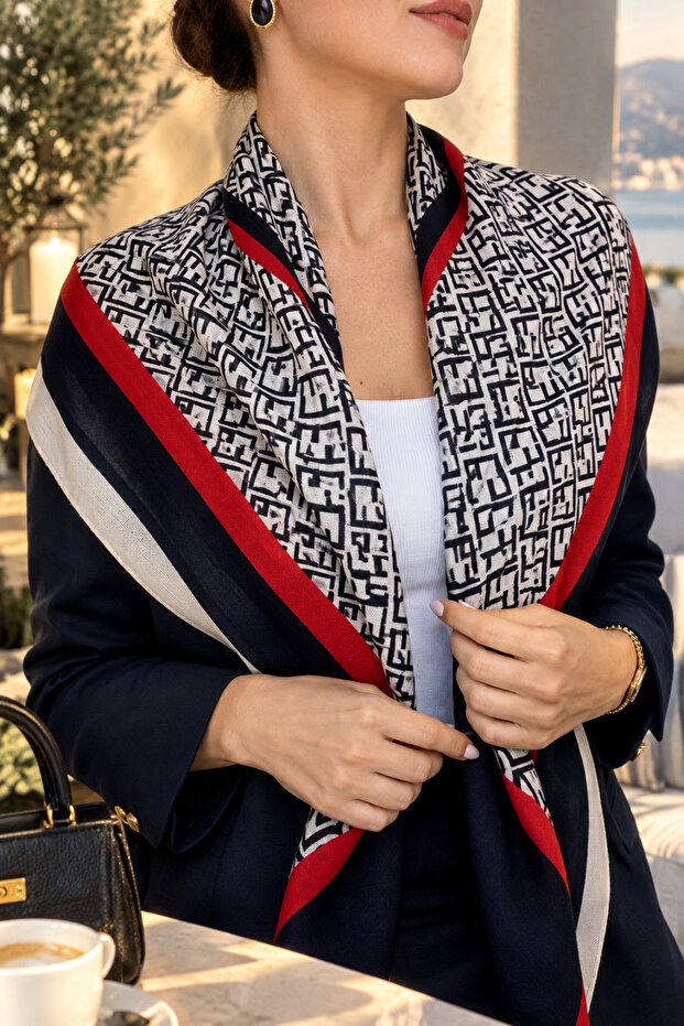 90*90 Red and Black Toned Cotton Patterned Scarf