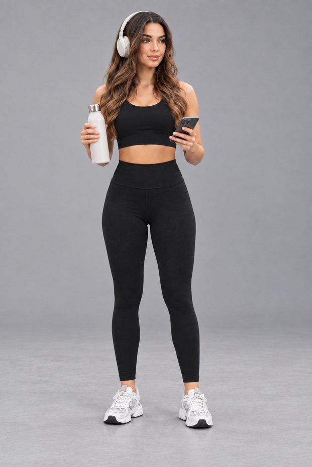 High Waist Raised Women's Black Plain Leggings