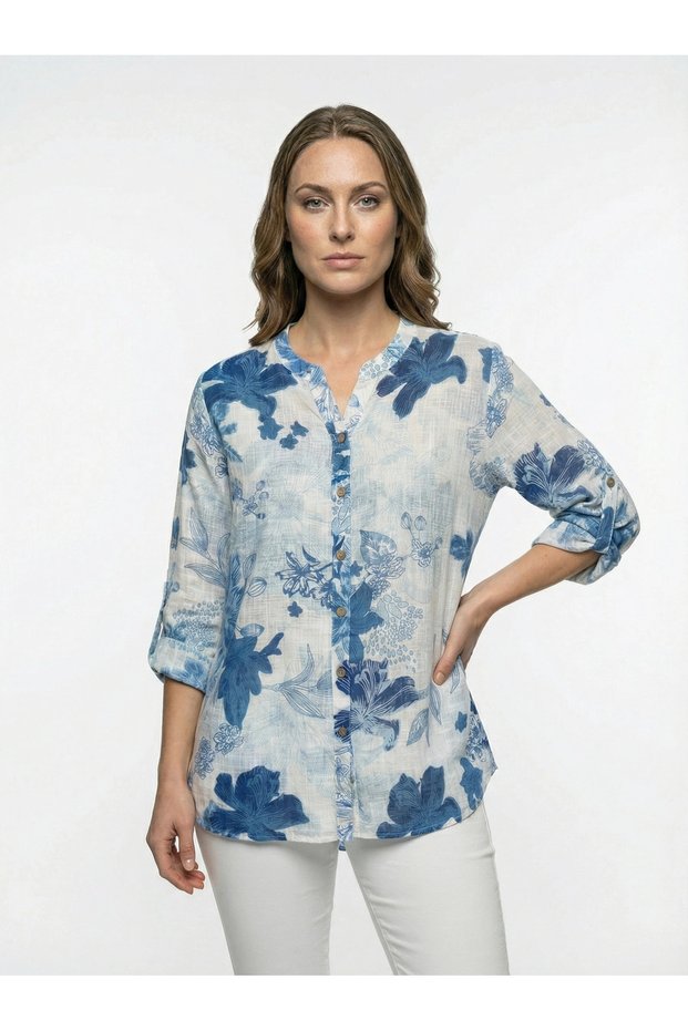 Women's Plus Size Fold Sleeve Shirt Blouse cty-akc-uzd1 100% Cotton Organic Linen
