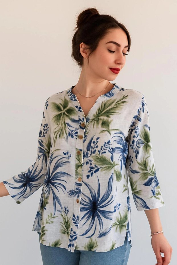 Women's Plus Size Fold Sleeve Shirt Blouse cty-akc-uzd1 100% Cotton Organic Linen