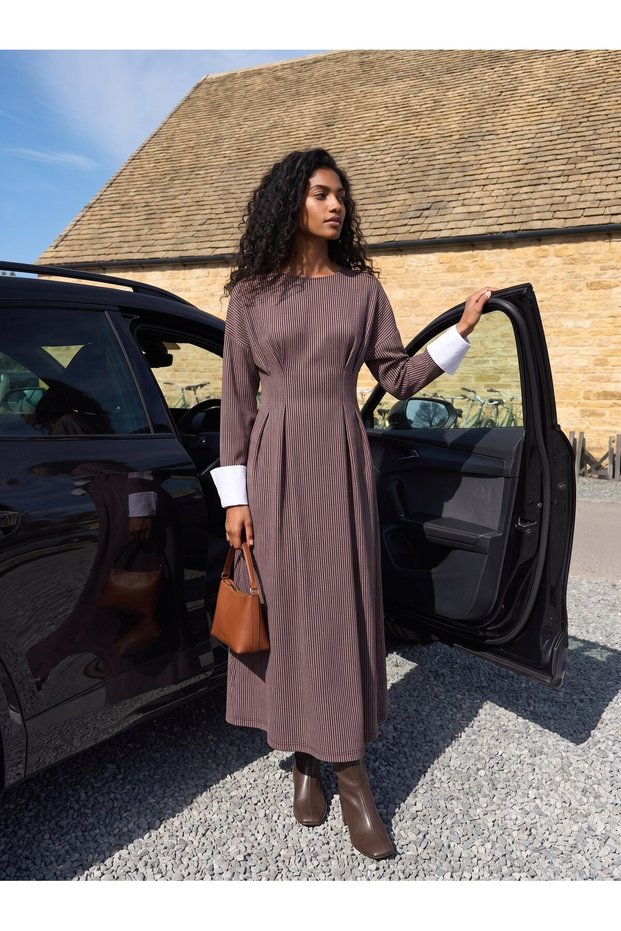 Burgundy Waist Pleated Detailed Long Draped Striped Cuff Sleeves Relaxed Fit Dress