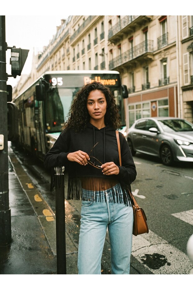 Black Knitted Fabric Hooded Collar Low Shoulder Wide Cut Sweatshirt with Rope Fringe Detail