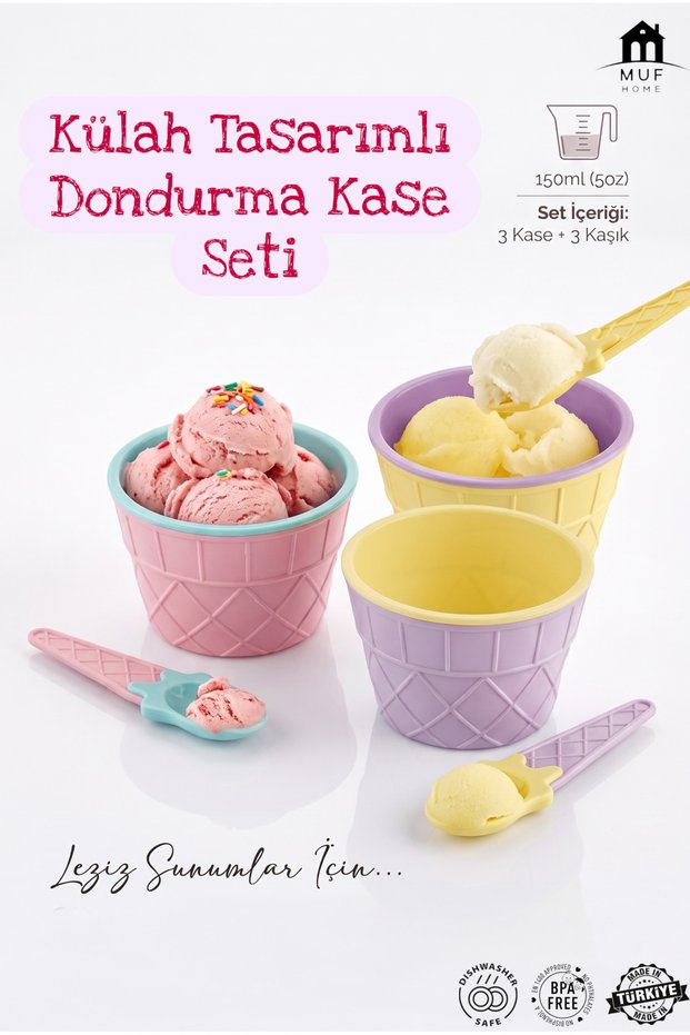 3-Piece Ice Cream Serving Set Practical Cone-Designed Presentation Ice Cream Set Fun Ice Cream Bowls 3 Bowls + 3 Spoons 3X150 ml