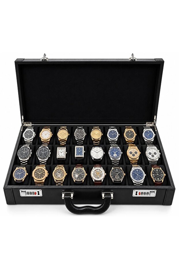 Watch Case for 24 Watches - Diplomat Series Premium Alcantara Leather Collection Box - Black