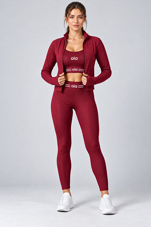 Women's 3-Piece Sports Set Zipper Crop Jacket Bustier and High Waist Gathering Leggings