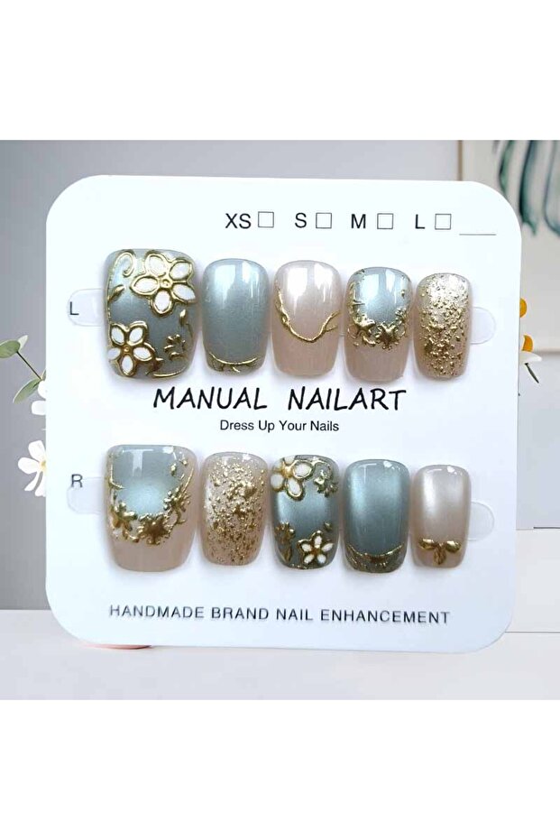 Style 1-M 10Pcs Golden Flower Cat Eye Light Luxury 3D Design Press on Nails Temperament Showing Off