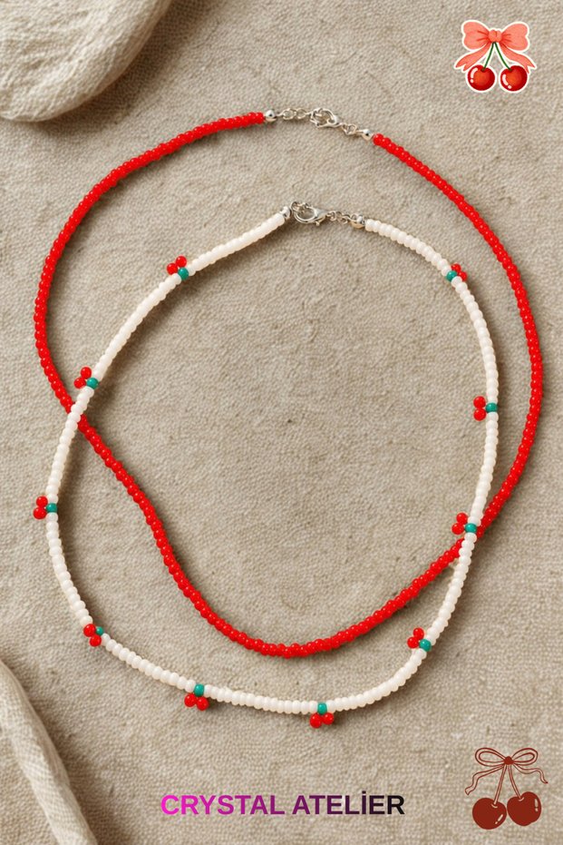 2 Pieces Red And White Beaded Cherry Necklace