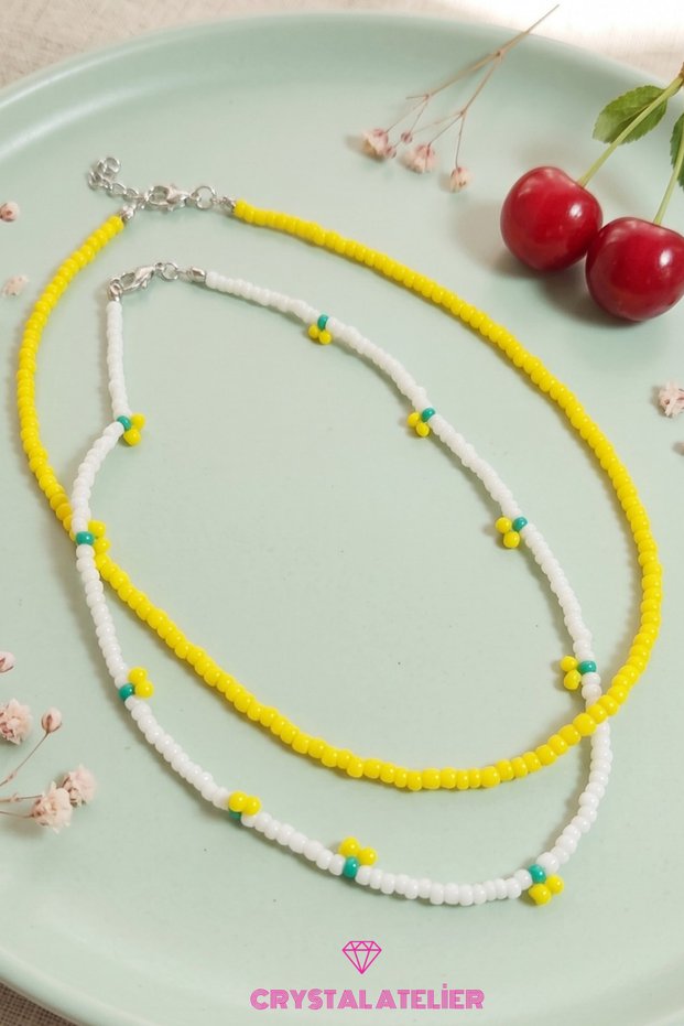 2-Pack Yellow and White Beaded Cherry Necklace Sand Bead Cherry Model Necklace