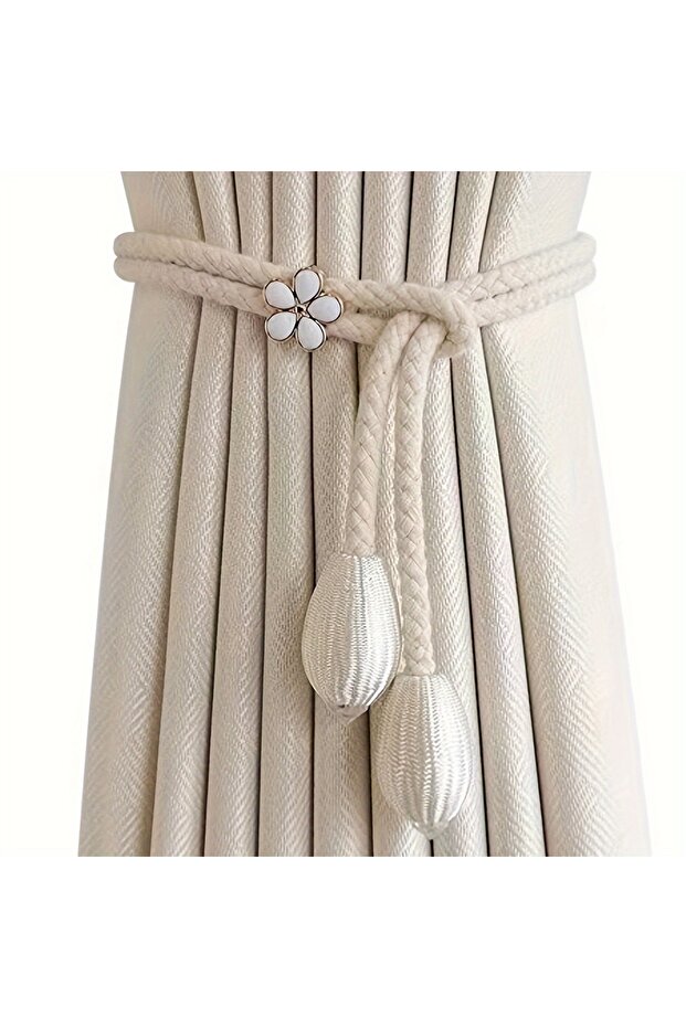 Light Yellow 2pcs Curtain Ties with Flower Buckles - Adjustable, No Drilling Cord Fixers for Elegan