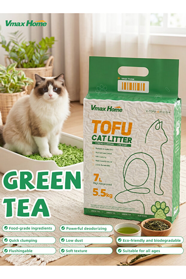 7L, 2.5KG, Tofu Cat Litter Green Tea Scent, Natural Clumping Cat Sand, Odor Control, Low Dust, Flushable, Anti Tracking, Soft Pellets, Easy Scoop