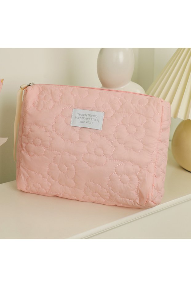 PINK Quilting Flower Large-Capacity Cosmetic Bag Waterproof Portable Storage Bag Travel Makeup Pouch