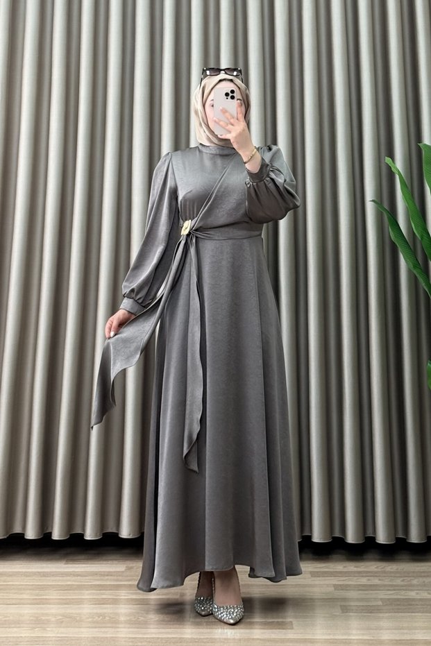 Ni̇hal Elbi̇se Kraş Satin Fabric in Vision Color with Balloon Sleeves, Tie-Up Accessories, Detailed Neckline, Long Stylish Hijab Evening Dress.