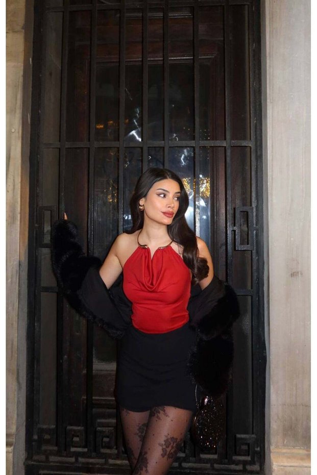 Diving Fabric Blouse with Neck Accessory — Red