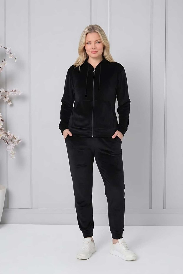 Velvet Hooded Zippered Top and Bottom Pajama Tracksuit Set