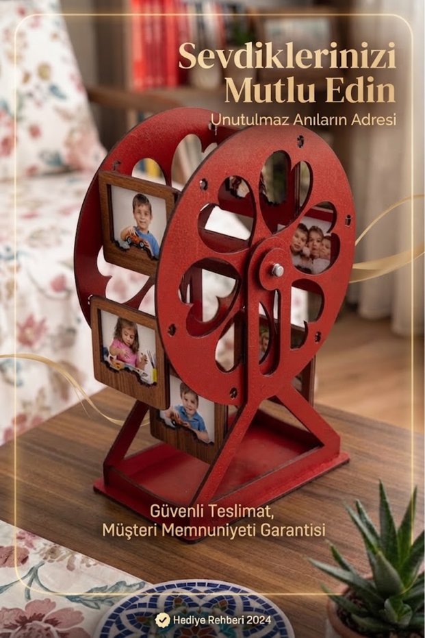 12 Illustrated Wooden Ferris Wheel Photo Wheel - Decorative Gift with 12 Photos