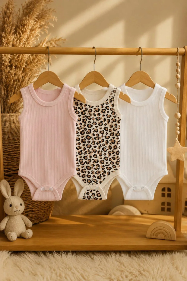 100% Cotton Natural Ribbed 3-Piece Baby Bodysuit Set with Straps and Snap Fasteners
