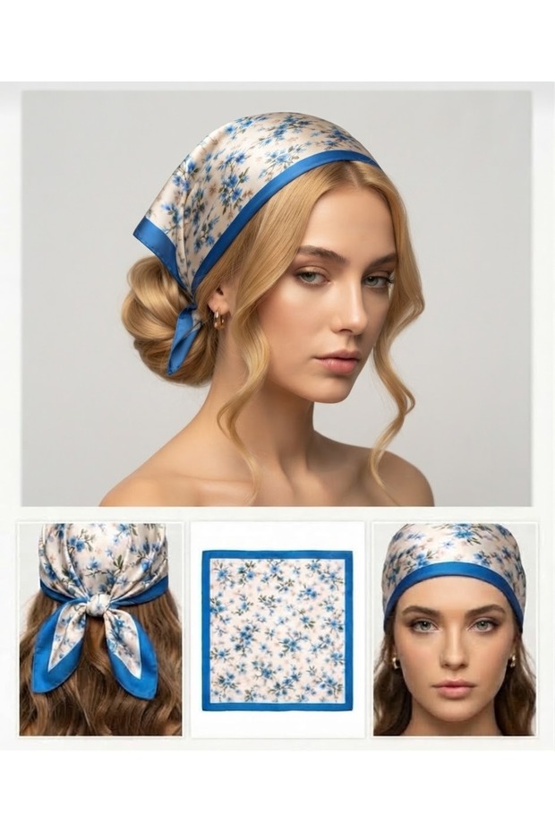 Women's Blue Floral Patterned Bandana Stylish Hair and Head Band Scarf 48X48 cm