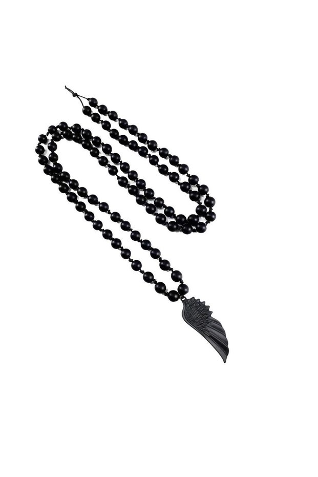 Matte Onyx Natural Stone Men's Matte Black Color Angel Wing Necklace