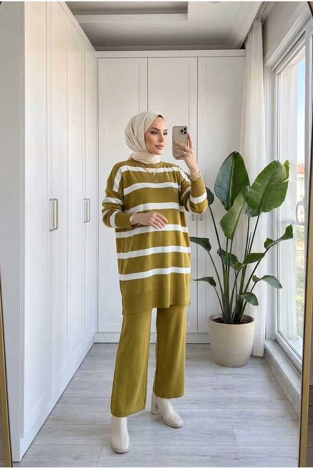 Women's Oil Green Striped Standard Size Knitwear Tunic Sweater-Pants Top-Down Double Set