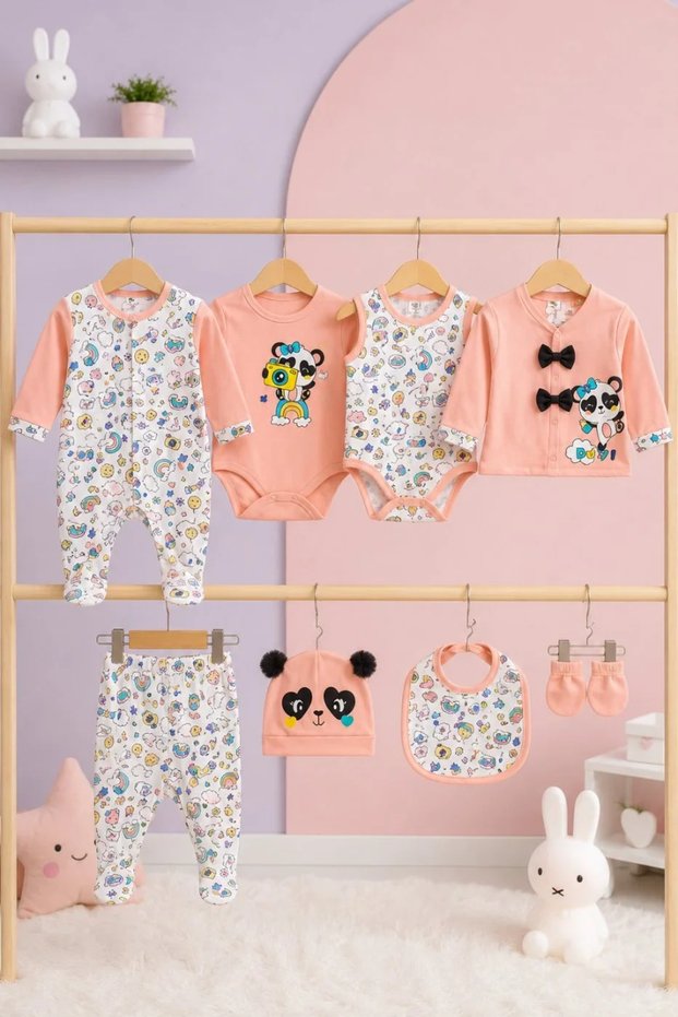 Newborn Baby Girl 8-Piece Hospital Discharge Set – Animal Patterned Bodysuit, Romper and Hat Baby T-Shirt