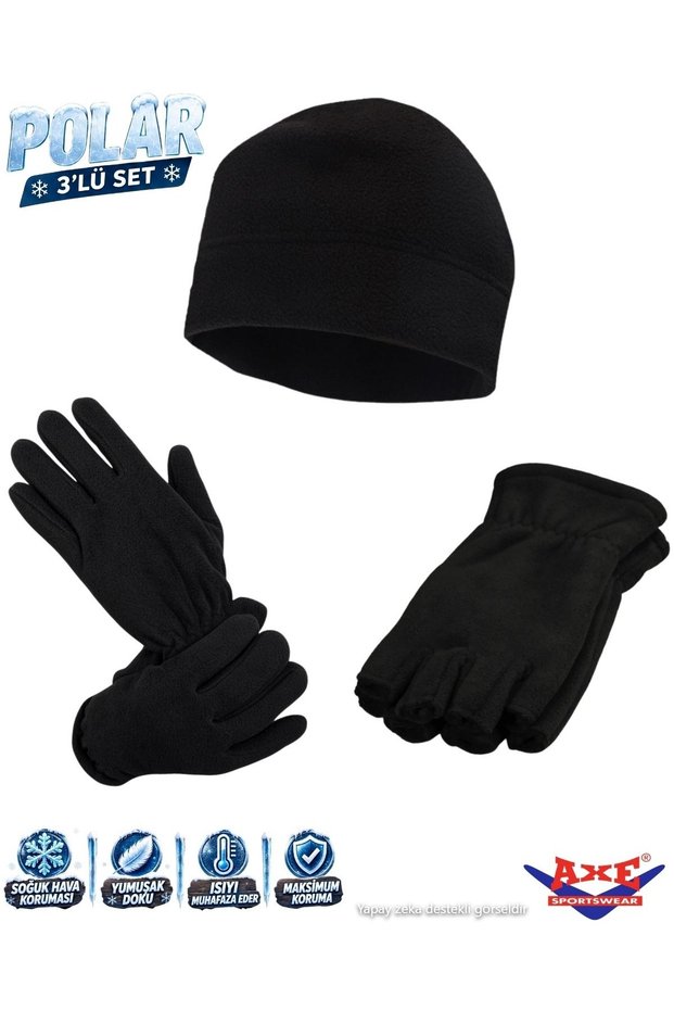 Black Winter Thermal Fleece Fingerless Gloves - Fleece Fingered Gloves - Polar Beanie 3-Piece Winter Set