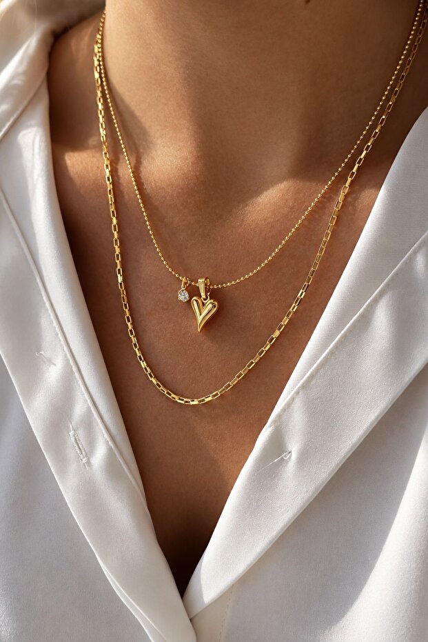 Double Necklace with Heart and Chain with Zircon Stone