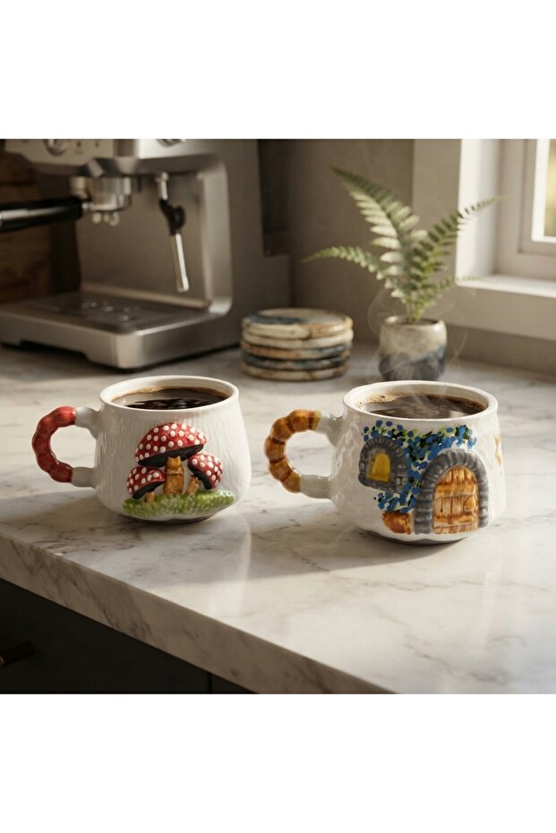Stone House and Mushroom 2-Piece Ceramic Mug-Cup, Hand-Embellished 2-Dimensional Relief Pattern, , (360 Degrees)