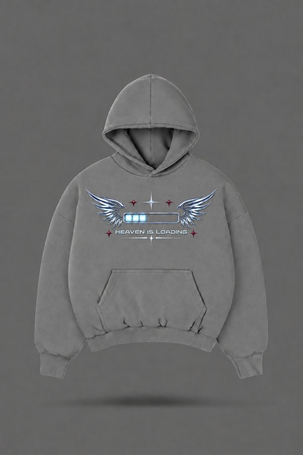 Oversize Y2K Heaven Is Loading Printed Hooded Smoke Gray Sweatshirt