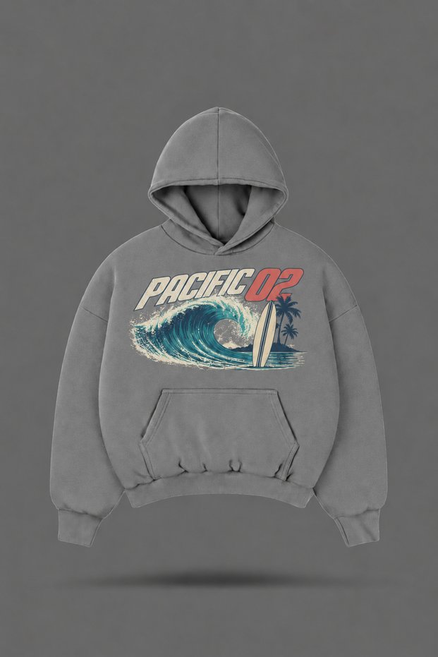 Oversize Pacific 02 Printed Hooded Smoke Gray Sweatshirt