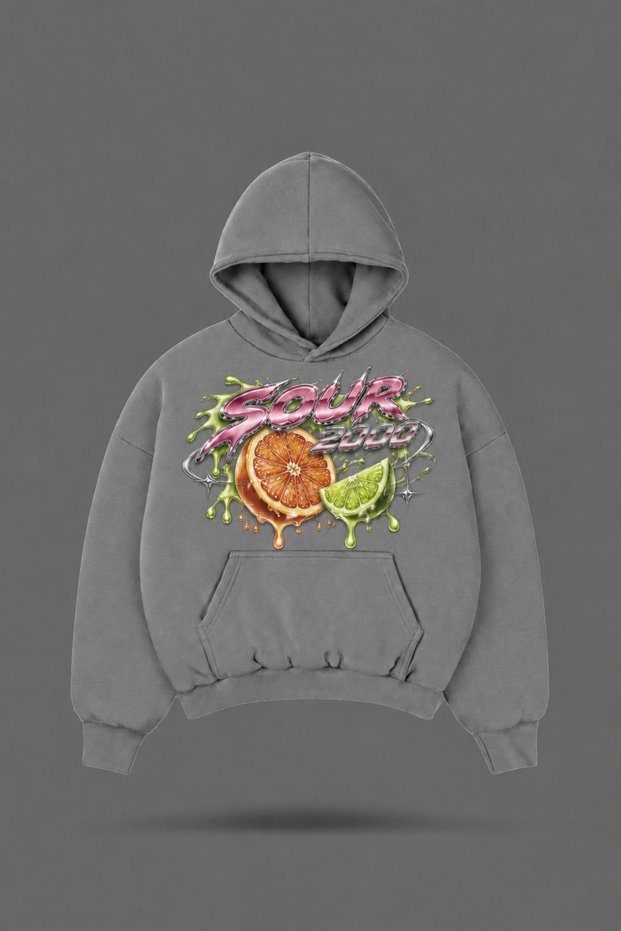 Oversize Y2K Sour2000 Printed Hooded Smoke Gray Sweatshirt