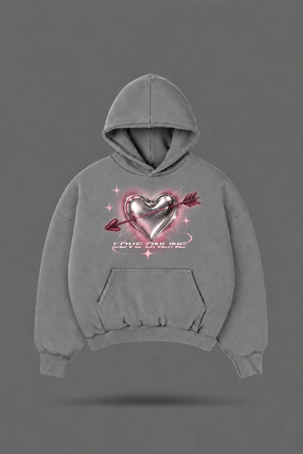 Oversize Y2K Love Online Printed Hooded Smoke Gray Sweatshirt
