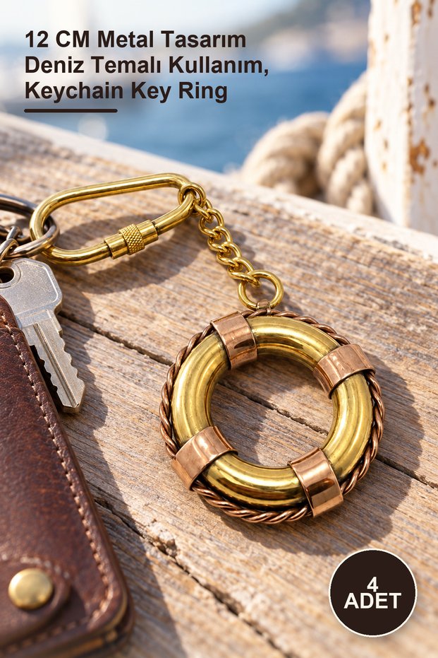4 Pieces Brass Lifebuoy Keychain – 12 cm Metal Design for Marine Themed Use, Keychain Key Ring