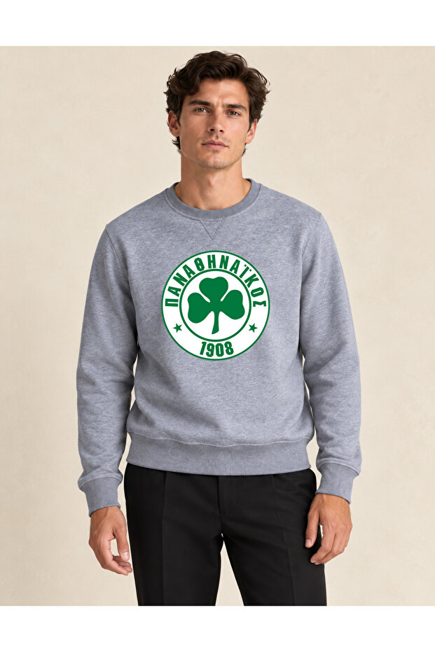 Grimelanj Panatinaikos Men's Sweatshirt Panathinaikos 1908 Gray Melange with Trifur, Without Hood