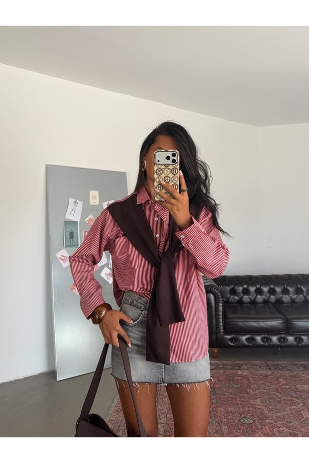 Striped Shirt with Shoulder Accessories - Red